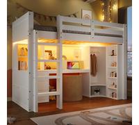 QSOST Lit Mezzanine 90x200 cm, Lit Superposé Enfant et Adulte avec Bureau, Lumières LED, Armoire, Échelle, 4 Tiroirs et Rangements, Blanc et Bois lit Mezzanine (90x200 cm)