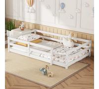 QSOST Lit Montessori 140x200 Bois Massif Blanc avec 4 Barrières de Sécurité - Cadre de Lit au Sol pour Enfant, Pas de Sommier Nécessaire, Lit Enfant pour Chambre, sans Matelas