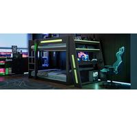 QSOST Lit Superposé 140x200 cm Gaming avec Bureau, Rangement, USB et LED - Lit Mezzanine Enfant ou Adulte avec Étagères, Noir + Vert