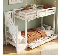 QSOST Lit superposé Multifonctionnel 90x200 cm pour Enfant, lit Double avec échelle de Rangement et 2 tiroirs, Convertible en canapé, sommier à Lattes Inclus, sans Matelas, Blanc