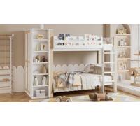 QSOST Lits superposés, lit pour Enfants, lit Mezzanine avec Protection antichute et Garde - Corps, avec 4 marches, 6 étagères Ouvertes, Armoire latérale, Beaucoup de Rangement, pin + PB, 90x200 cm