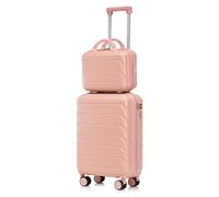 QSOST Lot de 2 valises pivotantes en ABS de 35,6 cm avec Serrure à Combinaison et Trousse de Maquillage de 35,6 cm (Pink)