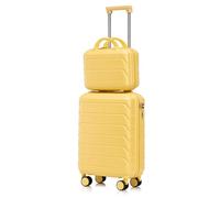 QSOST Lot de 2 valises pivotantes en ABS de 35,6 cm avec Serrure à Combinaison et Trousse de Maquillage de 35,6 cm (Yellow)