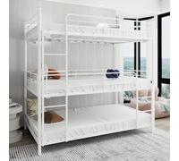 QSOST Metal Bed Frame, Three-Layer Bed Frame with guardrail Ladder, Double-Layer Bed at The Bottom of The Floor Bed, no Spring Box, Suitable for Small Spaces (White)