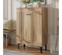 QSOST Meuble à Chaussures Moderne avec Double Porte, Grand Espace de Rangement et étagères réglables - Meuble de Rangement Pratique pour l'entrée, Design Peu encombrant 95 × 60 × 34,5 cm (Wood)