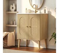 QSOST Meuble sous Lavabo 61 cm, Armoire Salle de Bain Rotin & Céramique