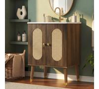 QSOST Meuble sous Lavabo 61 cm, Armoire Salle de Bain Rotin & Céramique