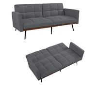 QSOST Mid-Century Modern futon Sofa in Linen Blend, 146 cm Wide, 5-Position Adjustable backrest & Fixed armrests, Metal Legs
