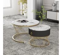 QSOST Modern Combination Coffee Table, Circular Nested Coffee Table, Marble Exterior, Metal Frame, Side Table with Drawers -2-Piece Set 70 x 70 x 45 cm (White + Black)