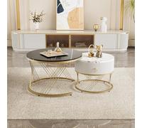 QSOST Modern Combination Coffee Table, Circular Nested Coffee Table, Marble Exterior, Metal Frame, Side Table with Drawers -2-Piece Set 70 x 70 x 45 cm (Black + White)