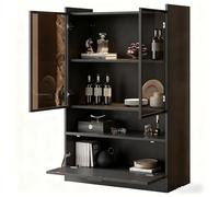 QSOST Modern LED Display Cabinet, Matt Black, Height 120 cm,16-Colour LED Lighting, Glass Display Cabinet, Floor-Standing with Lighting, Living Room cabinetS with Glass Doors and Flap Door (Black)