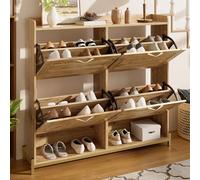 QSOST Modern Shoe Cabinet with Wooden slatted Doors - Hallway Cabinet with 4 Doors, Metal Frame and Shelf - Space-Saving Shoe Organiser for Entrance Areas, hallways Or bedrooms