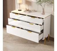 QSOST Modern Sideboard Cabinet with 6 Drawers in White and Gold, High-Gloss Fronts, Ample Storage Space for Living Room, Dining Area and Hallway, Stylish Storage Furniture for organised Tidiness