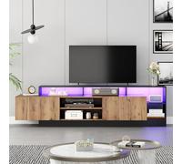 QSOST Modern TV Cabinet for TV Sets up to 70 inches, Open Storage Space with LED displays, Suitable for Bedroom and Living Room cabinets, Cabinet in Original Wood Colour with Black Frame