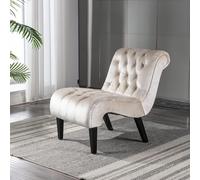 QSOST Modern Velvet Armless Living Room Chair/Lounge Chair, Upholstered Fabric Button Comfort with Wooden Legs for Bedroom, Living Room, Office (Beige) (58D, 78W, 86H) cm