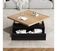 QSOST Multifunctional Square 360° Swivel Coffee Drawer, High-Gloss 2-Stage centrally swiveling Table and Storage Cabinet, Living Room Side Table in Natural Wood Colour + Black, chipboard