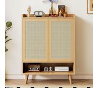 QSOST Natural Rattan Shoe Cabinet, Double Door Five Layer Shelf Storage Cabinet, Shoe Rack, Suitable for The Lobby. Wooden Handle, Solid Wood Legs. Size: Width 80cm/Height 105cm/Depth 35cm