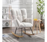 QSOST Rocking Chair, High backrest Teddy Cushion Nursing Chair, Reading Chair, with Black Painted Metal Frame and Wooden Swinging Legs, Suitable for Living Rooms, Daycare Centers, bedrooms (White)