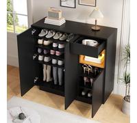 QSOST Shoe Cabinet with One Drawer and Adjustable Shelves in Black and Wood, Perfect for Modern hallways, for 14-18 Pairs of Shoes