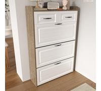 QSOST Shoe Cabinet with Rotating Shoe Rack, consisting of Three Large Flaps and Two Drawers, Wooden Shoe Cabinet, Shoe Rack, Suitable for Entrance Areas and Living Rooms, W80/D23.5/H131 cm (Natural)