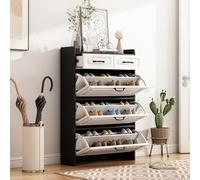 QSOST Shoe Cabinet with Rotating Shoe Rack, consisting of Three Large Flaps and Two Drawers, Wooden Shoe Cabinet, Shoe Rack, Suitable for Entrance Areas and Living Rooms, W80/D23.5/H131 cm (Black)