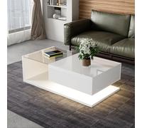 QSOST Table Basse Blanche Haute Brillance 105×55×32.5 cm,Table d'appoint avec Rangement et LED 16 Couleurs, Dessus en Verre Trempé,Structure Stable, idéal pour Le Salon, Appartement (Blanc)