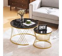 QSOST Table Basse Moderne gigogne, Ensemble de Tables Basses Brillantes, Table d'appoint en marbre plaqué pour canapé, Tables d'appoint Rondes, Lot de 2, Structure dorée (Black)