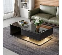 QSOST Table Basse Noirhe Haute Brillance 105×55×32.5 cm,Table d'appoint avec Rangement et LED 16 Couleurs, Dessus en Verre Trempé,Structure Stable, idéal pour Le Salon, Appartement (Noir)
