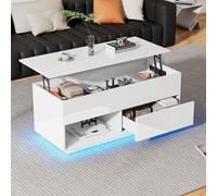 QSOST Table Basse, Table Basse relevable, lumière LED - Table d'appoint réglable en Hauteur avec Espace de Rangement caché et Compartiments Ouverts, Convient pour Le Salon et Le Bureau (Blanc-C)