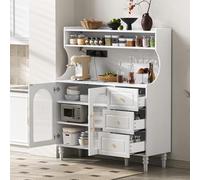 QSOST Tall Cabinet with sockets and Drawers, Bar Cabinet with Wine Glass Holders and Storage Space, Kitchen Sideboard with Adjustable Shelves, Ideal for Kitchen and Dining Room