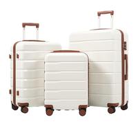 QSOST Travel Case, 3-Piece Luggage, Made of ABS+PC Material, Equipped with Dual 360 ° Rotating Wheels, and Internal compartments - Perfect for Family Or Business Travel. (Antique Brown+White)