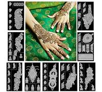QSTOHENA Kit de pochoirs pour tatouage au henné indien pour les mains et les avant-bras, modèle pour tatouage DIY pailleté aérographe, 9 feuilles de tatouages temporaires réutilisables pour femmes et