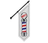 QSUM Drapeau mural de barbier en toile double face avec poteau en acier inoxydable et support mural, bannière de barbier à suspendre aux intempéries pour coupe de cheveux, 30,5 x 106,7 cm (blanc-B