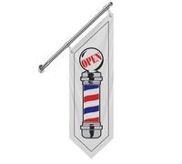 QSUM Drapeau mural pour salon de coiffure, panneau d'extérieur en toile double face avec poteau en acier inoxydable et support mural, bannière de barbier à suspendre aux intempéries pour coupe de