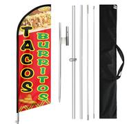 QSUM Tacos Burritos Kit drapeau et mât de 3,5 m pour swooper d'entreprise, drapeau publicitaire pour restaurant