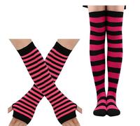 Qsvbeeqj Ensemble de mitaines et bas colorés à rayures pour femmes, manches de bras à thème, fête, leggings décoratifs, accessoires d'activités sportives, Noir/rose/rouge., taille unique