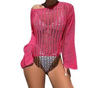 Qsvbeeqj Maillot de bain transparent pour femme Protection solaire Caches Crochet à manches longues Mode de plage Ventre nu Tops Hollows Vacances Bikinis Cacher
