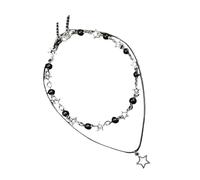 Qsvbeeqj Pendentif pentagramme creux avec perle noire double couche Collier ras du cou réglable Accessoire pour filles Collier de mode