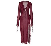 Qsvbeeqj Robe longue de plage pour femme avec lacets Couleur unie Manches longues en maille Maillot de bain Bikinis Cacher Maille transparente Robe moulante