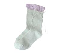 Qsvbeeqj Styles de ballet Contraste Couleur Volant Top Faux 2Piece Veau Chaussettes Pour Femmes Esthétique Ruban Flocons Accent Tube Moyen Chaussettes Femme, vert, Taille Unique