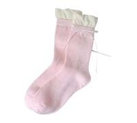 Qsvbeeqj Styles de ballet Contraste Couleur Volant Top Faux 2Piece Veau Chaussettes Pour Femmes Esthétique Ruban Flocons Accent Tube Moyen Chaussettes Femme, A, Taille Unique
