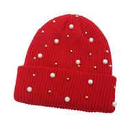Qsvbeeqj Sweet Adult Hat Autumn Headdress Handmade Knitted Hat Vintage Warm Girls for Outdoor Adventures Fashion Pearls, Rouge, taille unique