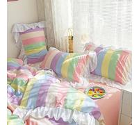 QSYEDR Housse de Couette à Volants à Rayures Colorées,Parure de Lit 260X240 Réversible en Microfibre Lavée avec Franges à Volants Blancs,Parure de Lit 260X240 à Franges à Volants Français avec Ferm