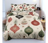 QSYEDR Parure de Lit 240X220 Boules de Noël, Housse de Couette Imprimée de Boules de Noël Colorées Et de Branches de Pin Vertes avec Taie d'oreiller, Housse de Couette Réversible Légère Et Respirante