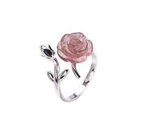 QSYJCCXD 925 Silver Natural Strawberry Crystal Rose Flower Ring Women Jewelry
