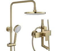 QSYJCCXD Ensemble de Robinet de Douche exposé Or brossé, système de Douche Mural Triple Fonction, Pomme de Douche de Pluie avec Douche à Main, Baignoire, Jeu de Robinet de Baignoire à Manche à Manche