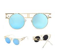 QSYJCCXD Lunettes de soleil rétro surdimensionnées pour homme Steampunk Lunettes de soleil rondes vintage UV400, C2 Doré Bleu, Taille unique