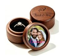 QSZ Boîte à Bague en Bois Gravée Personnalisée - Forme Cœur/Carrée, Emplacement Simple/Double pour Célébrations de Mariage, Propositions, Saint-Valentin & Anniversaires (Circulaire)