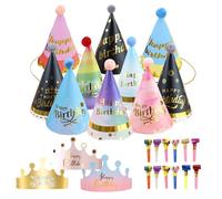 QSZHSL 25 Pièces Chapeau Anniversaire Kit, 10 pcs Chapeaux Cône de Fête, 12 pcs Sifflet Colorées, 3 pcs Couronne Anniversaire en Papier, pour Enfants Adult Party Chapeaux Décorations