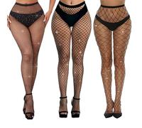 QSZHSL 3 Pièces Collants Résille à Taille Haute avec Strass, Collants Résille Femme, Noir, Taille Unique